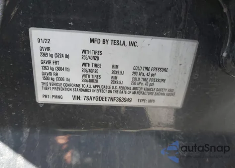 2022 Tesla Model Y Long Range Dual Motor All-Wheel Drive z USA, uszkodzony, nr VIN 7SAYGDEE7NF363949